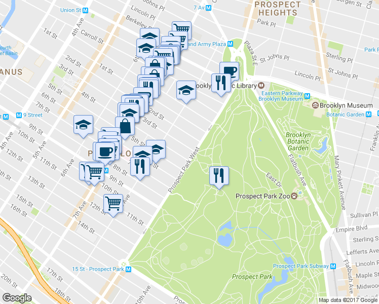 map of restaurants, bars, coffee shops, grocery stores, and more near 75 Prospect Park West in Brooklyn