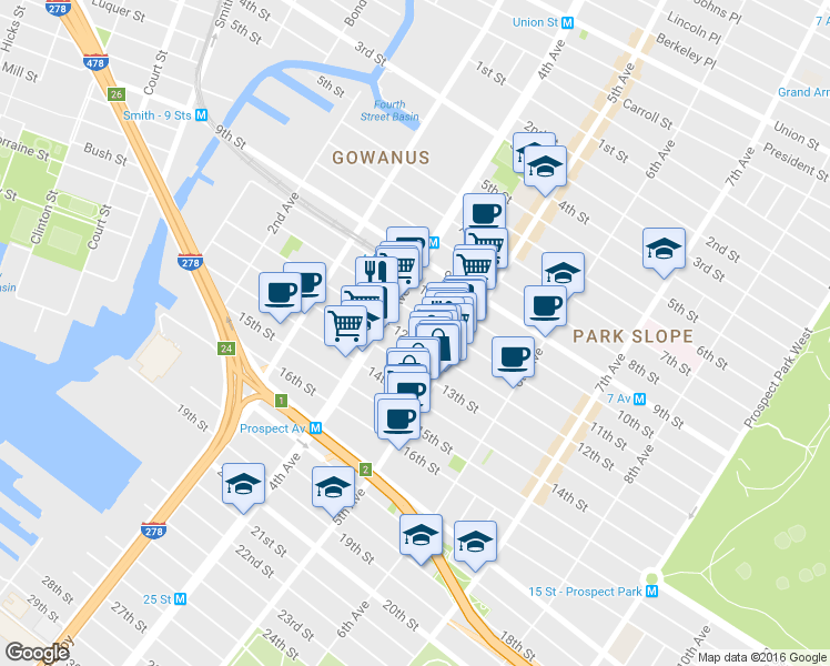 map of restaurants, bars, coffee shops, grocery stores, and more near 246 12th Street in Brooklyn