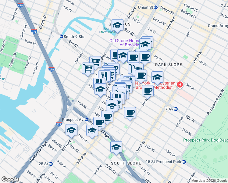 map of restaurants, bars, coffee shops, grocery stores, and more near 246 12th Street in Brooklyn