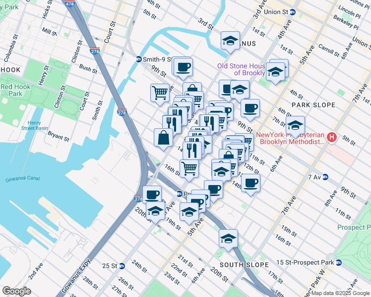 map of restaurants, bars, coffee shops, grocery stores, and more near 163A 14th Street in Brooklyn