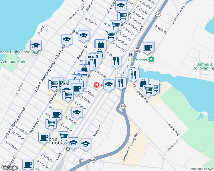 map of restaurants, bars, coffee shops, grocery stores, and more near 223 Prospect Avenue in Bayonne