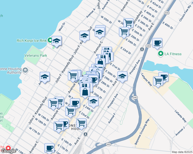 map of restaurants, bars, coffee shops, grocery stores, and more near in Bayonne