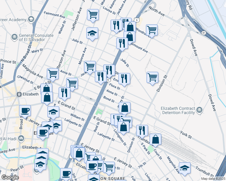 map of restaurants, bars, coffee shops, grocery stores, and more near 937 Anna Street in Elizabeth