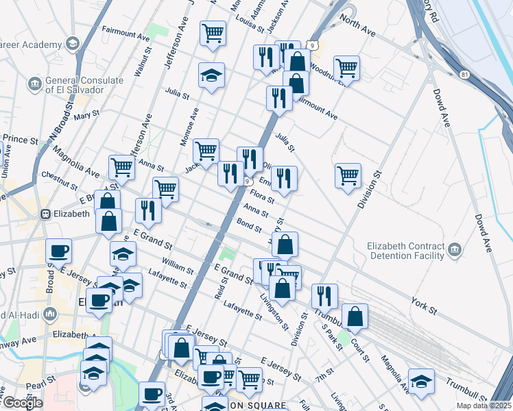 map of restaurants, bars, coffee shops, grocery stores, and more near 937 Anna Street in Elizabeth