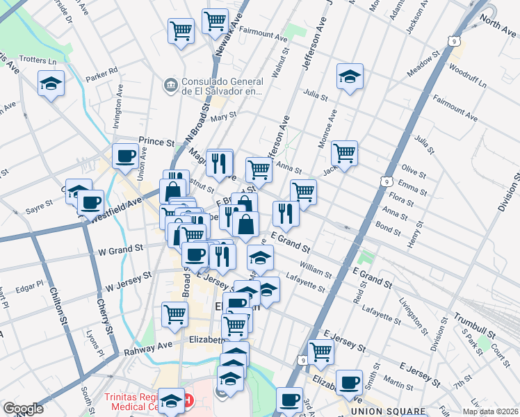 map of restaurants, bars, coffee shops, grocery stores, and more near 231-237 Jefferson Avenue in Elizabeth