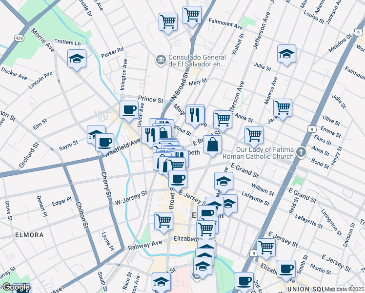map of restaurants, bars, coffee shops, grocery stores, and more near 1170 East Broad Street in Elizabeth