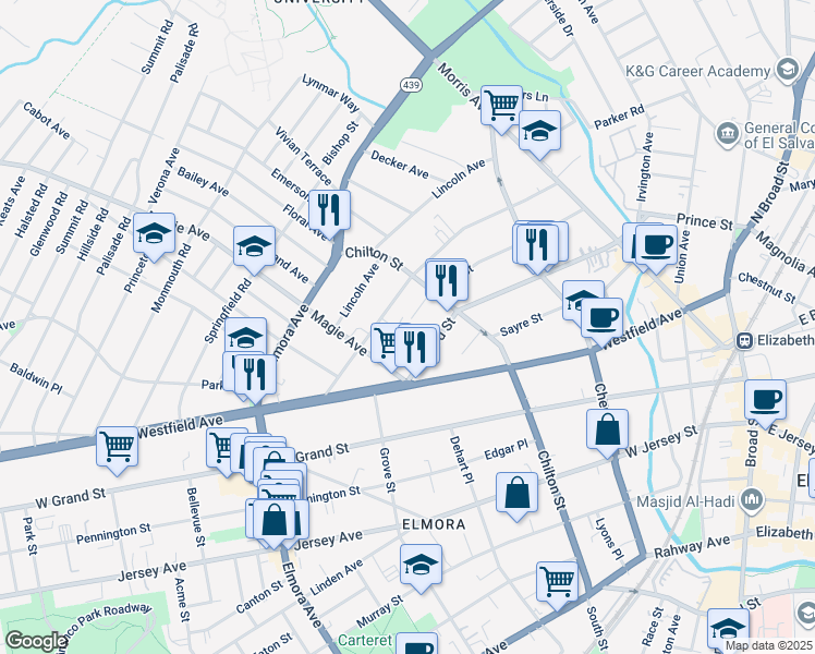 map of restaurants, bars, coffee shops, grocery stores, and more near 11 Gibson Place in Elizabeth