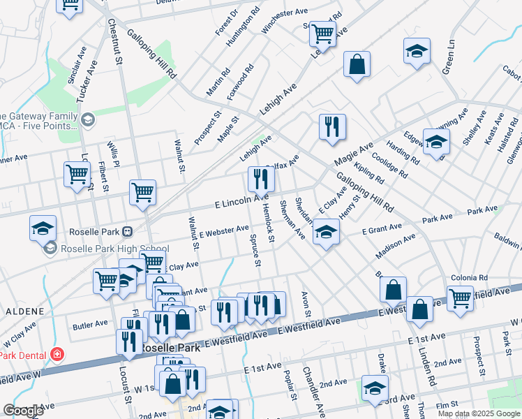 map of restaurants, bars, coffee shops, grocery stores, and more near 521 Spruce Street in Roselle Park