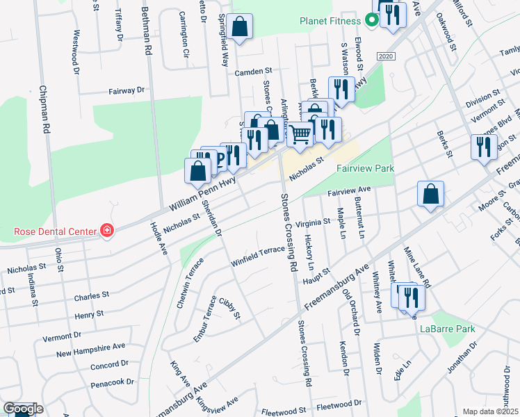 map of restaurants, bars, coffee shops, grocery stores, and more near 4104 Bayard Street in Easton