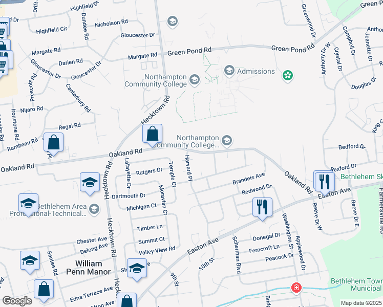 map of restaurants, bars, coffee shops, grocery stores, and more near 3450 Laubach Lane in Bethlehem