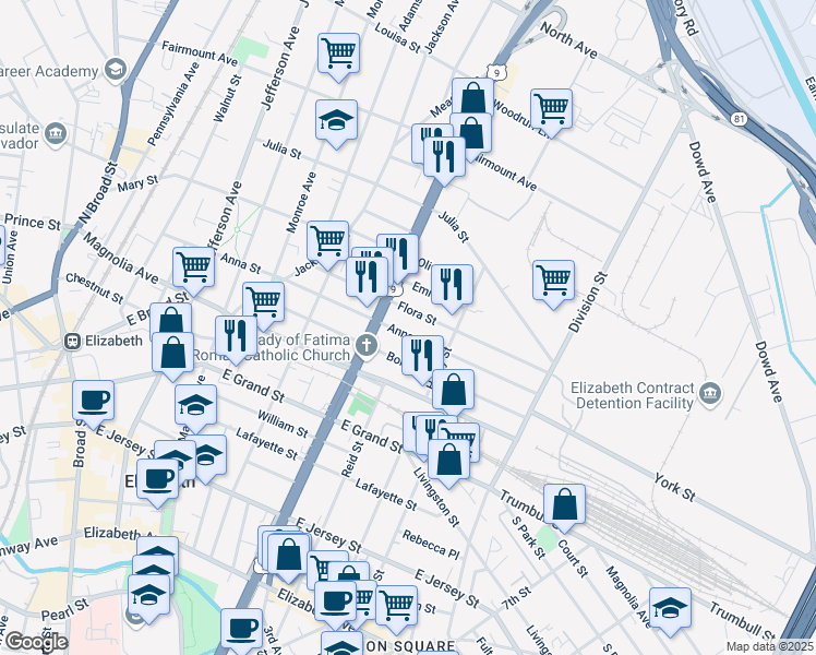 map of restaurants, bars, coffee shops, grocery stores, and more near 937 Anna Street in Elizabeth