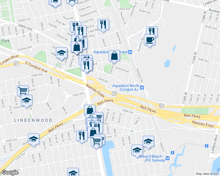 map of restaurants, bars, coffee shops, grocery stores, and more near 97-11 North Conduit Avenue in Queens