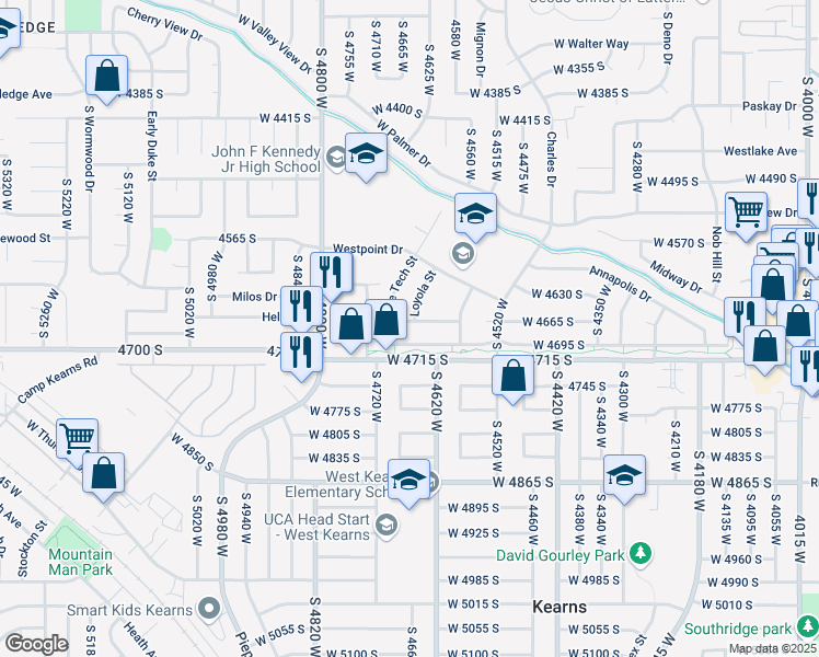 map of restaurants, bars, coffee shops, grocery stores, and more near 4650 West 4695 South in West Valley City