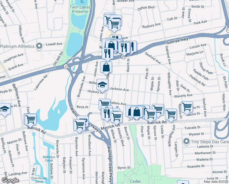 map of restaurants, bars, coffee shops, grocery stores, and more near 2145 Cypress Street in Wantagh