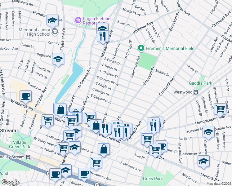 map of restaurants, bars, coffee shops, grocery stores, and more near 76 East Argyle Street in Valley Stream