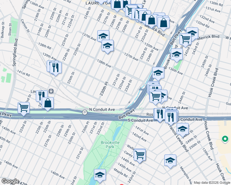 map of restaurants, bars, coffee shops, grocery stores, and more near 139-21 231st Street in Queens