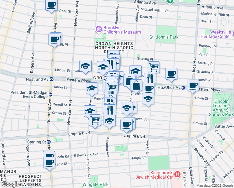 map of restaurants, bars, coffee shops, grocery stores, and more near 1441 President Street in Brooklyn