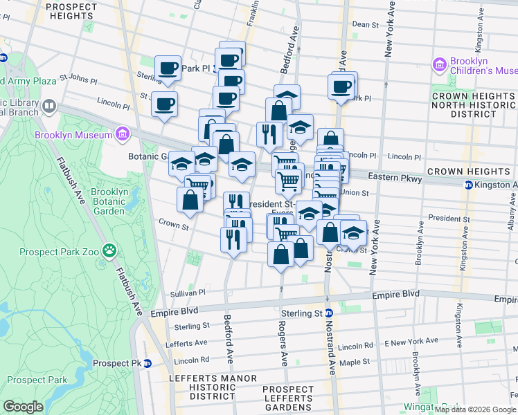 map of restaurants, bars, coffee shops, grocery stores, and more near 1102 President Street in Brooklyn