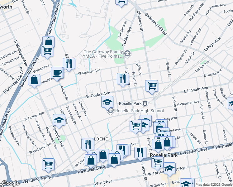 map of restaurants, bars, coffee shops, grocery stores, and more near 622 Larch Street in Roselle Park