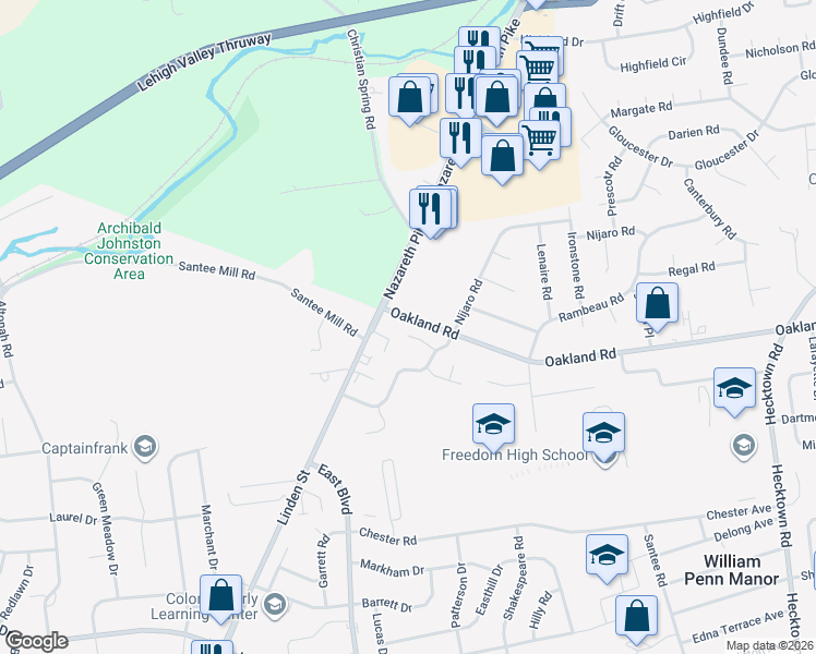 map of restaurants, bars, coffee shops, grocery stores, and more near 1723 Wendy Lane in Bethlehem