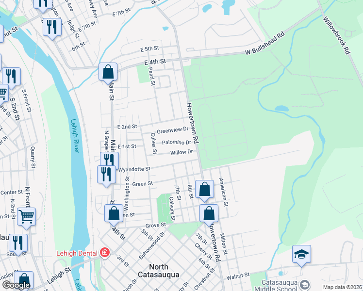 map of restaurants, bars, coffee shops, grocery stores, and more near 740 Willow Drive in Catasauqua