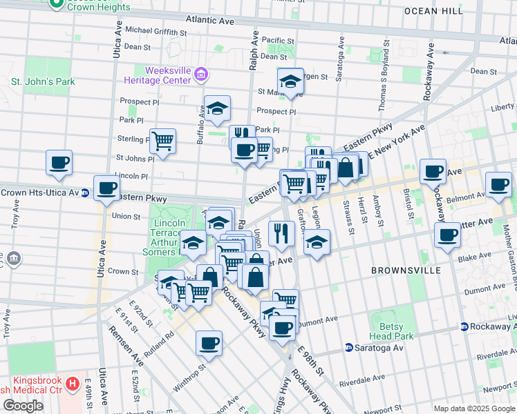 map of restaurants, bars, coffee shops, grocery stores, and more near 1410 Pitkin Avenue in Brooklyn
