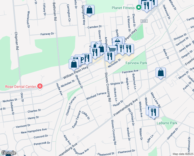map of restaurants, bars, coffee shops, grocery stores, and more near 4104 Bayard Street in Easton