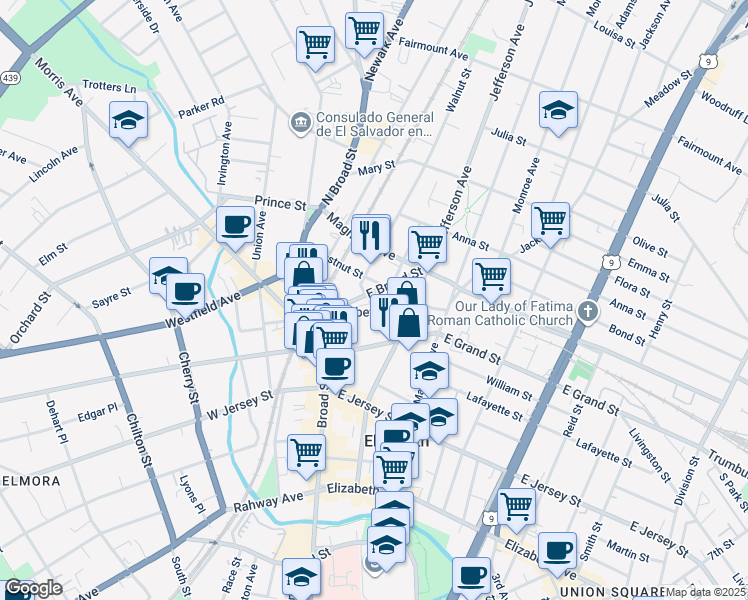 map of restaurants, bars, coffee shops, grocery stores, and more near 1176-1184 East Broad Street in Elizabeth