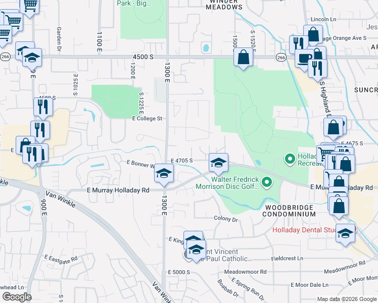 map of restaurants, bars, coffee shops, grocery stores, and more near 4687 Garden Spring Lane East in Millcreek