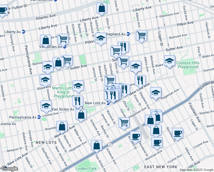 map of restaurants, bars, coffee shops, grocery stores, and more near 937 Dumont Avenue in Brooklyn