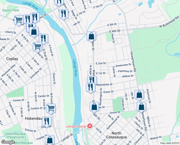 map of restaurants, bars, coffee shops, grocery stores, and more near 7 West 1st Street in Northampton