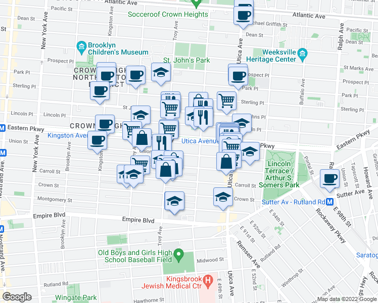 map of restaurants, bars, coffee shops, grocery stores, and more near 1630 Union Street in Brooklyn