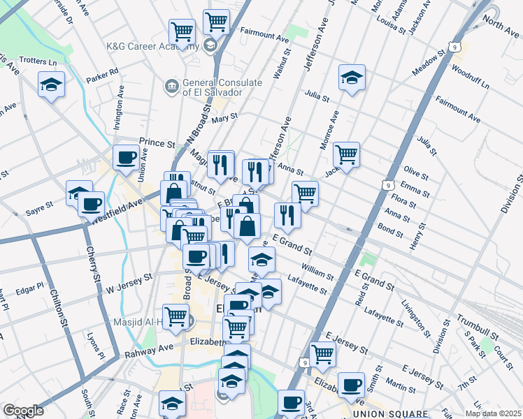 map of restaurants, bars, coffee shops, grocery stores, and more near 231-237 Jefferson Avenue in Elizabeth