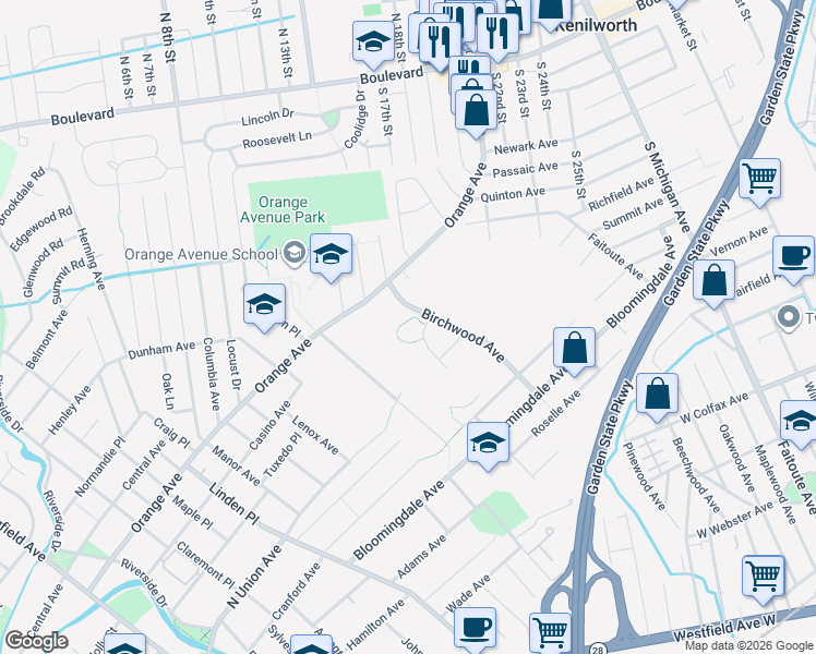 map of restaurants, bars, coffee shops, grocery stores, and more near 235 Birchwood Avenue in Cranford