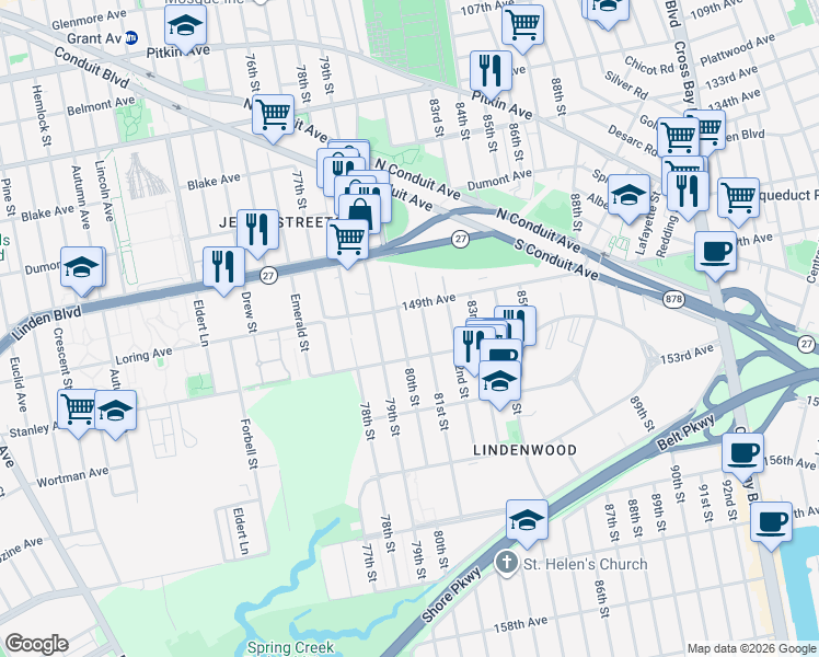 map of restaurants, bars, coffee shops, grocery stores, and more near 149-19 80th Street in Queens