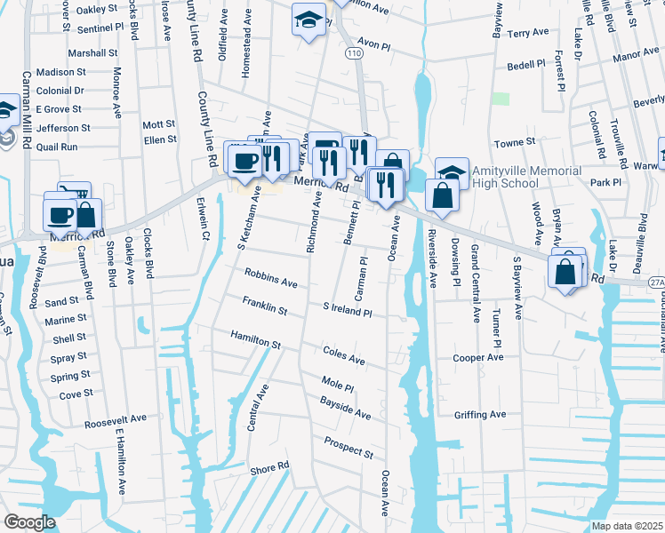 map of restaurants, bars, coffee shops, grocery stores, and more near 85 Bennett Place in Amityville