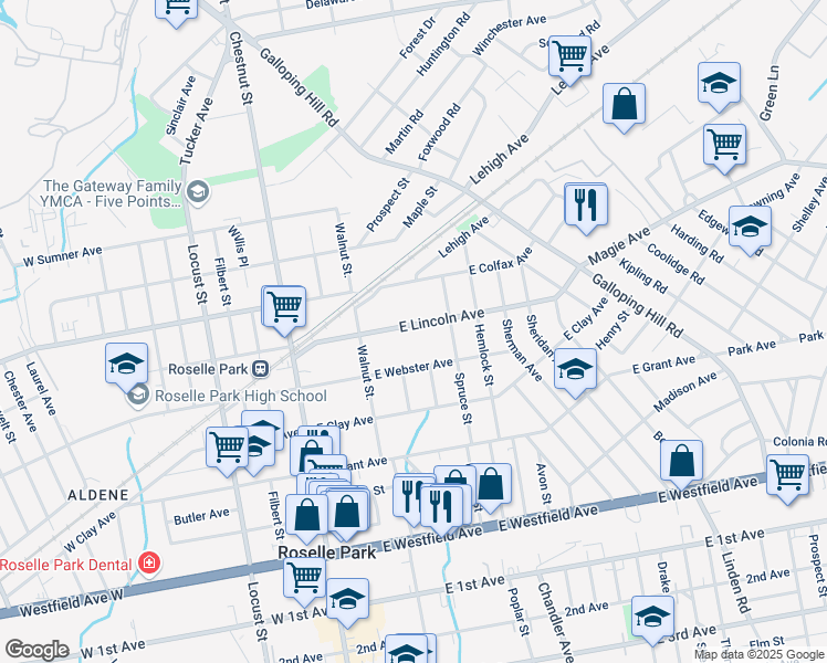 map of restaurants, bars, coffee shops, grocery stores, and more near 144 East Lincoln Avenue in Cranford