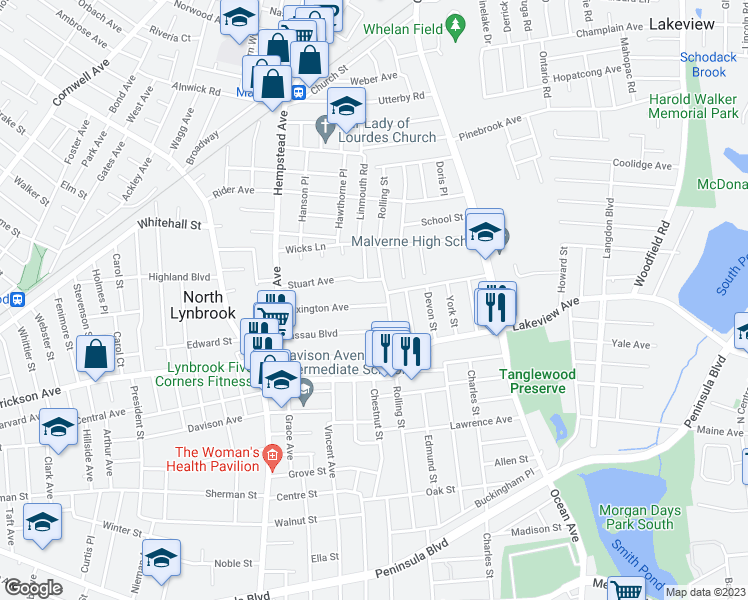 map of restaurants, bars, coffee shops, grocery stores, and more near 101 Lexington Avenue in Malverne