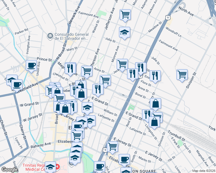 map of restaurants, bars, coffee shops, grocery stores, and more near 1051 Magnolia Avenue in Elizabeth