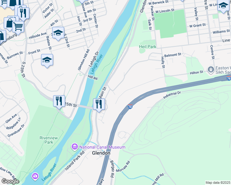 map of restaurants, bars, coffee shops, grocery stores, and more near 3 High Street in Glendon