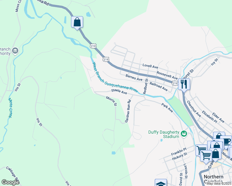 map of restaurants, bars, coffee shops, grocery stores, and more near 134-298 Steele Ave in Northern Cambria