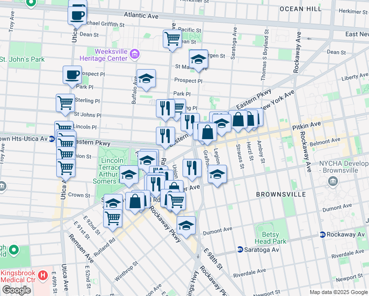 map of restaurants, bars, coffee shops, grocery stores, and more near 1410 Pitkin Avenue in Brooklyn