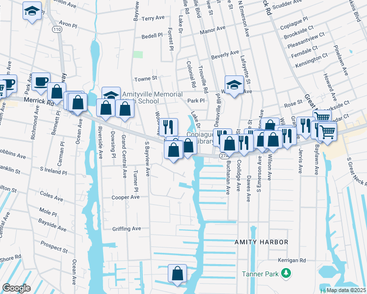 map of restaurants, bars, coffee shops, grocery stores, and more near 400 Merrick Road in Amityville