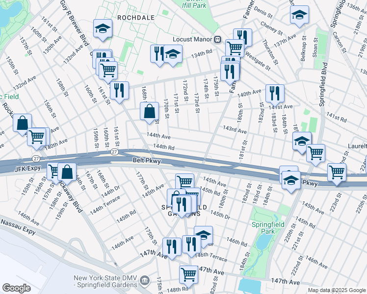 map of restaurants, bars, coffee shops, grocery stores, and more near 169-57 144th Road in Queens