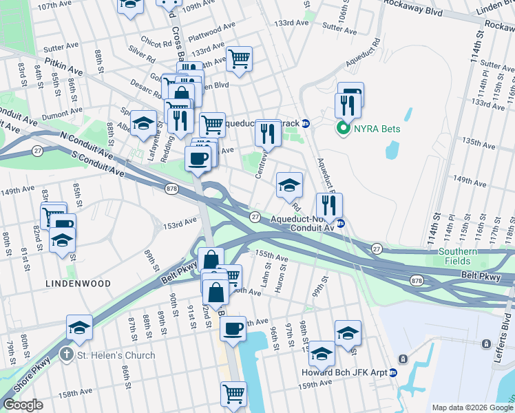 map of restaurants, bars, coffee shops, grocery stores, and more near 97-11 North Conduit Avenue in Queens