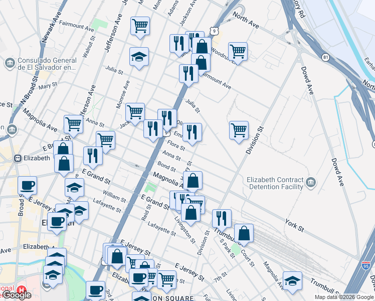 map of restaurants, bars, coffee shops, grocery stores, and more near 904-906 Flora Street in Elizabeth