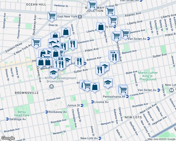 map of restaurants, bars, coffee shops, grocery stores, and more near 456 Sutter Avenue in Brooklyn