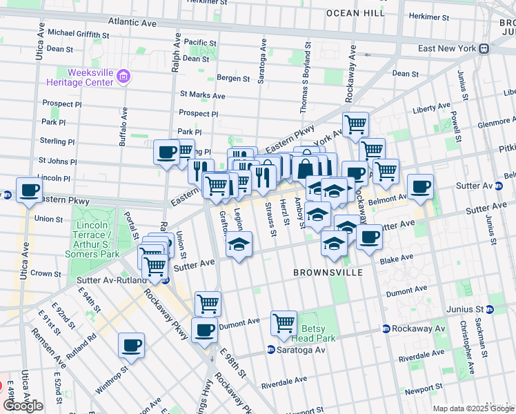 map of restaurants, bars, coffee shops, grocery stores, and more near 529 Saratoga Avenue in Brooklyn