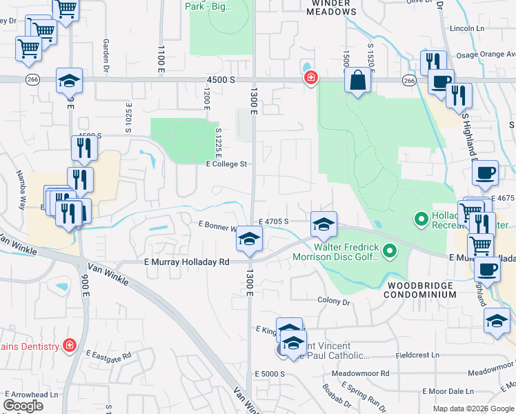 map of restaurants, bars, coffee shops, grocery stores, and more near 4688 Edwin Circle in Millcreek