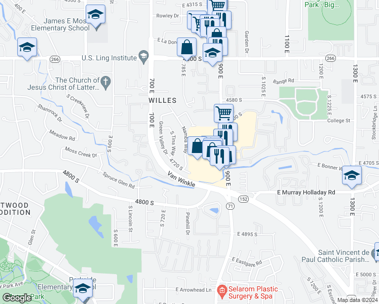 map of restaurants, bars, coffee shops, grocery stores, and more near 4687 Namba Way in Millcreek